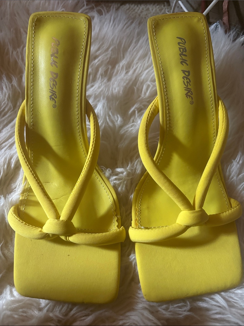 Public Desire Yellow Knotted Strap Square-Toe Heeled Slides
